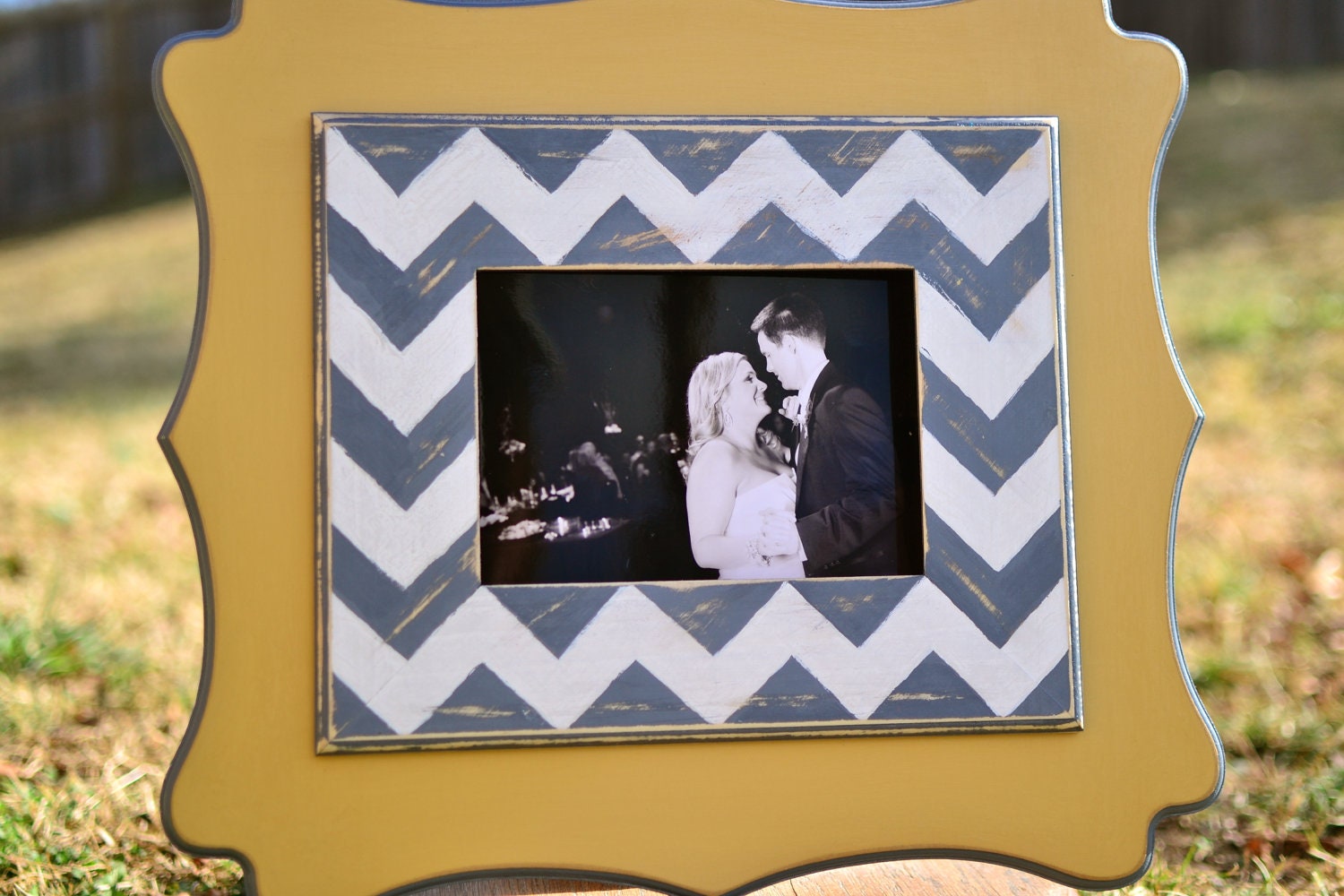 8x10 curvy and whimsical CHEVRON picture frame in grey/yellow/cream