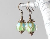 Beaded Earrings Lampwork Glass Bead Dangle Earrings Sky Blue and Bright Green Antiqued Bronze Handmade Jewelry Casual Chic Under 25