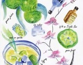 Yuzu cocktail. Japanese beverage. Watercolor print.