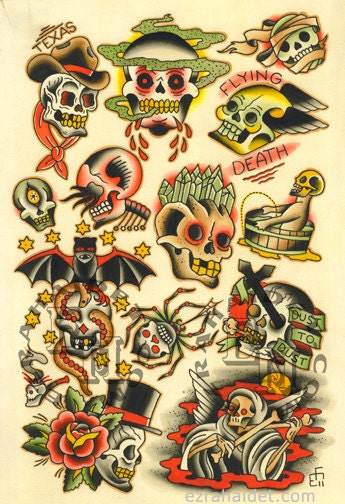 Traditional Tattoo Flash Print 2011 Skulls 13" x 19"