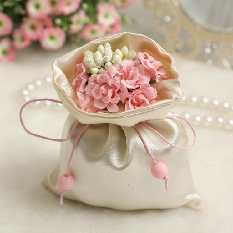 Fabric Wedding Favor bags with pink flower , Wedding Candy bag wedding ...
