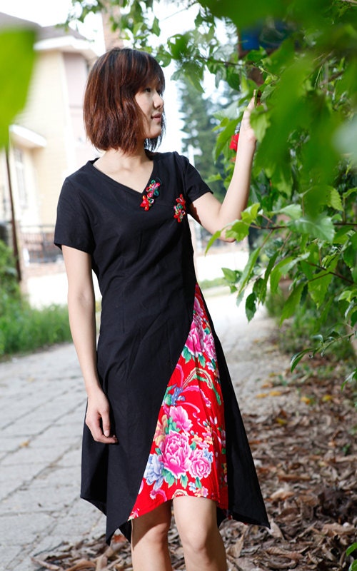 Black and Red Dress Splicing Dress Summer Dress Day Dress