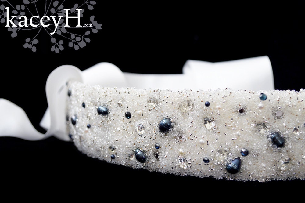 Bridal sash in white and Navy blue jewel encrusted crystal belt.  Ready to ship.