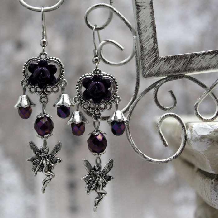 Faery Rose - Silver and Purple Victorian Fairy Earrings