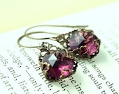 Vintage Tooled Artisan Brass "Amethyst Filigree" Czech Vintage Glass Earrings