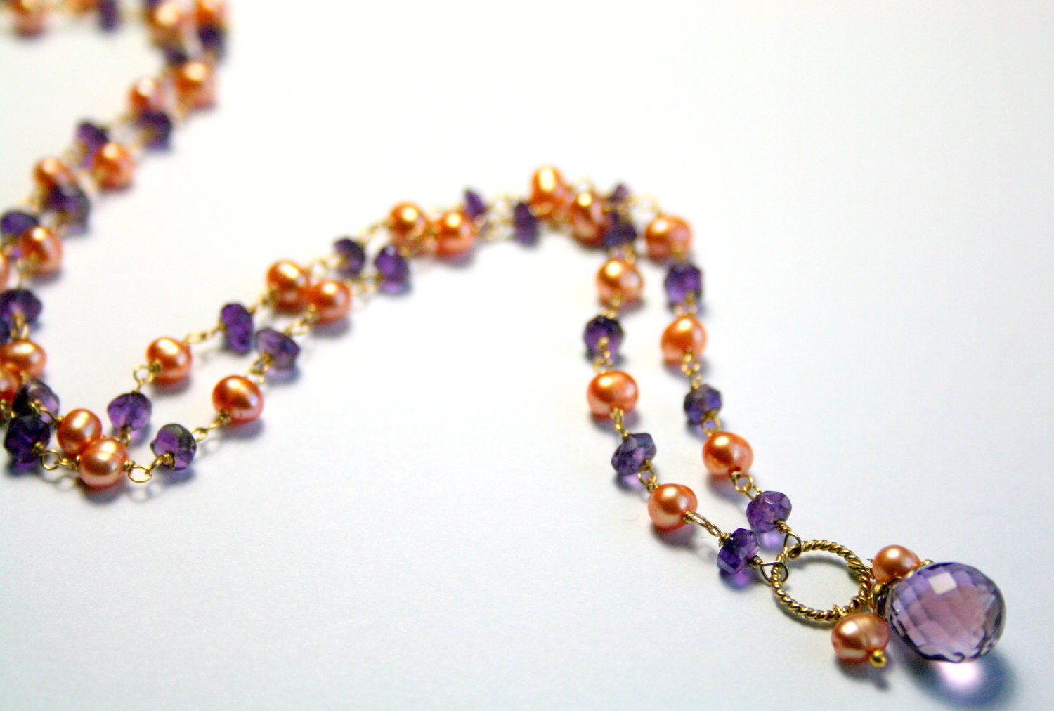 Amethyst, Pearl Necklace, Purple Teardrop Gemstone, Wire Wrapped Gold, Peach Pearls