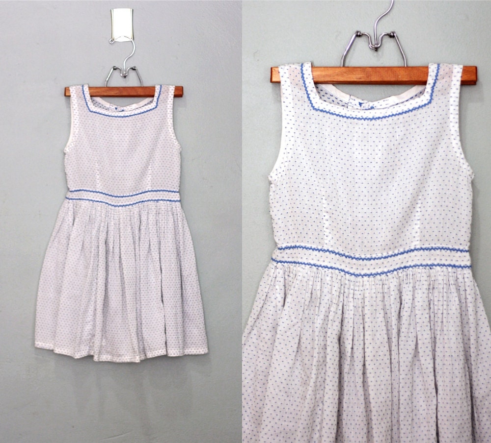 50s 6/7 yrs Swiss Dot Blue and White DRESS