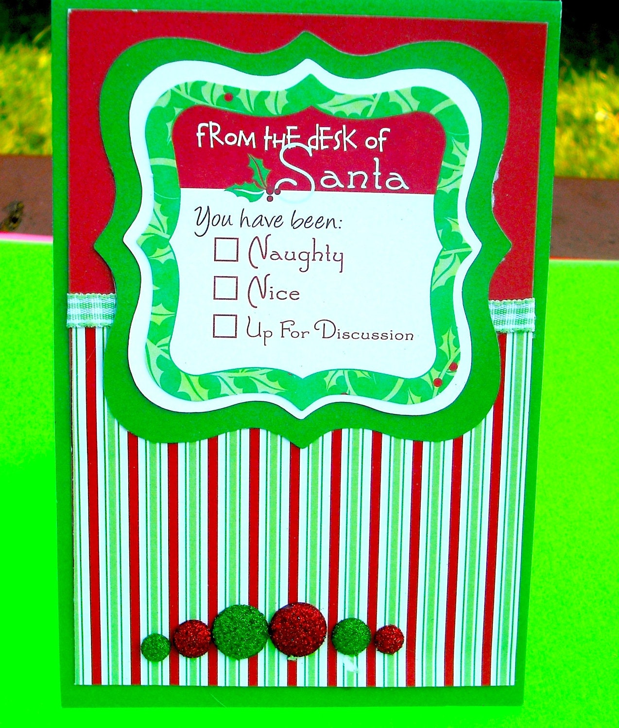 Christmas Card, Red and Green Stripes , From the Desk of Santa, OOAK