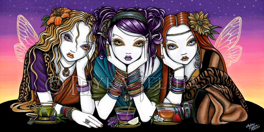 Tea For Three Urban Party KiKi Fairies 13 X 19 inch Art Print by Myka Jelina