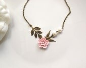 Vintage Style Nature Garden Hanami Inspired Pink Sakura Brass Leaves and Flying bird Swarovski Pearls Necklace