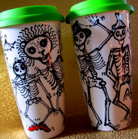 Emerald City Skeletons Travel Mug with Ruby Red Slippers and Colorful Silicone Lid for Day of the Dead and Beyond