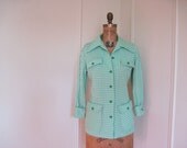 1970s Green Checked Safari Jacket - vintage Picnic Plaid Blazer - size medium to large