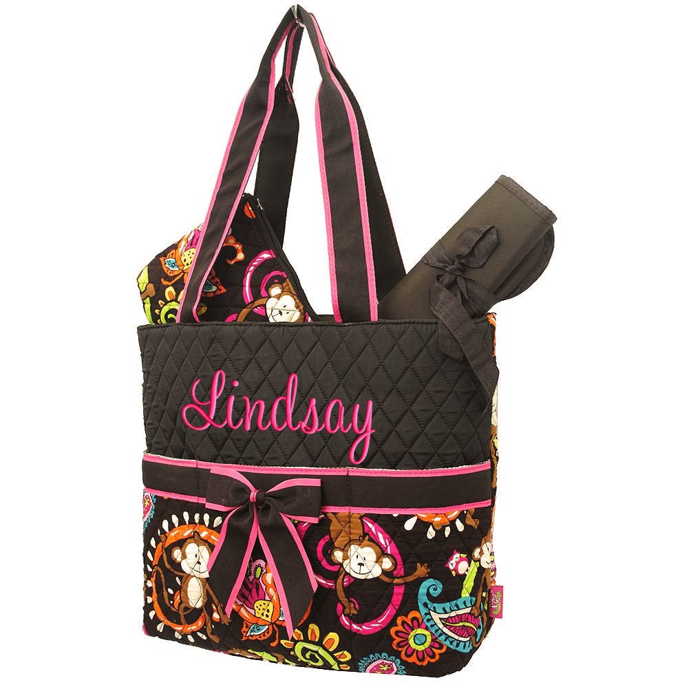Diaper Bag Personalized Monkey Brown Quilted Monogrammed Baby Tote