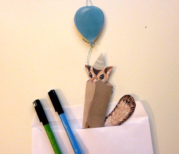 DIY Cute Birthday Card Printable PDF Flying Squirrel Card Paper Puppet for Children, for Paper Play, Unique Fun, Blue, Brown, White, Balloon