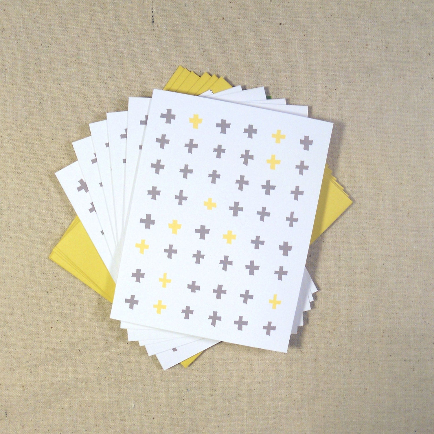 Yellow and Grey Plus Sign Note Cards,  Set of 6
