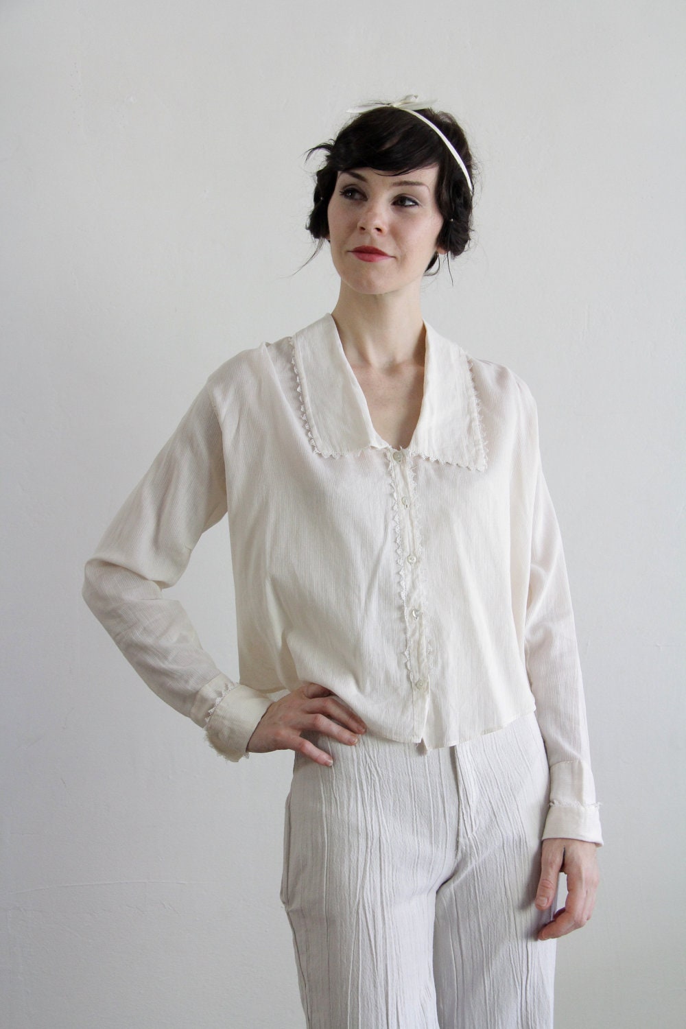 Vintage Pink Cotton Blouse . Pin Stripes . 1930s . Button Down Top . Deco Era Shirt