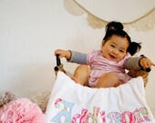Monogrammed Baby Blanket in BLOOM, Pink Dot Minky and White Chenille, Personalized with Your Baby Girl's First Name