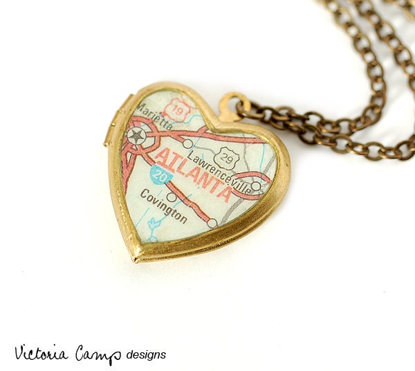 Atlanta Map Necklace, Vintage Brass Heart Locket - Ready to Ship - Gift under 40
