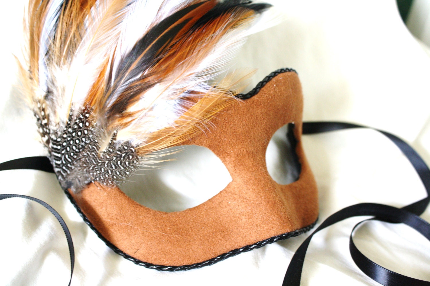 Shikoba - Masquerade Mask in Caramel Ultrasuede with Feathered Accents