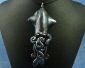 Antique Silver Squid Necklace - Polymer Clay Squid Jewelry