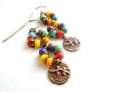 Fiesta Drop Earrings, Multi colored Glass, Lizard Brass Charm, Southwestern, Summer Fashion, Boho Jewelry