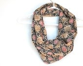 Cotton Infinity Scarf.  Circle Cowl Scarf. Rose Smoke and French Roast. Pink and Brown Floral Scarf. Autumn Fashion.