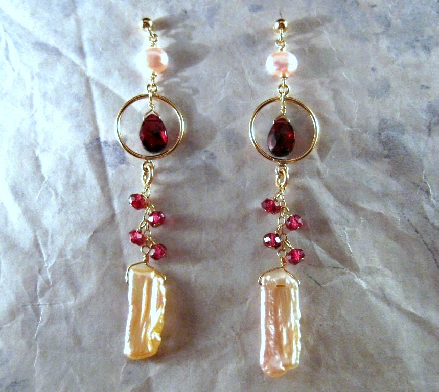 Garnet Pearl Earrings- Gold Filled with Biwa & Freshwater Pearls