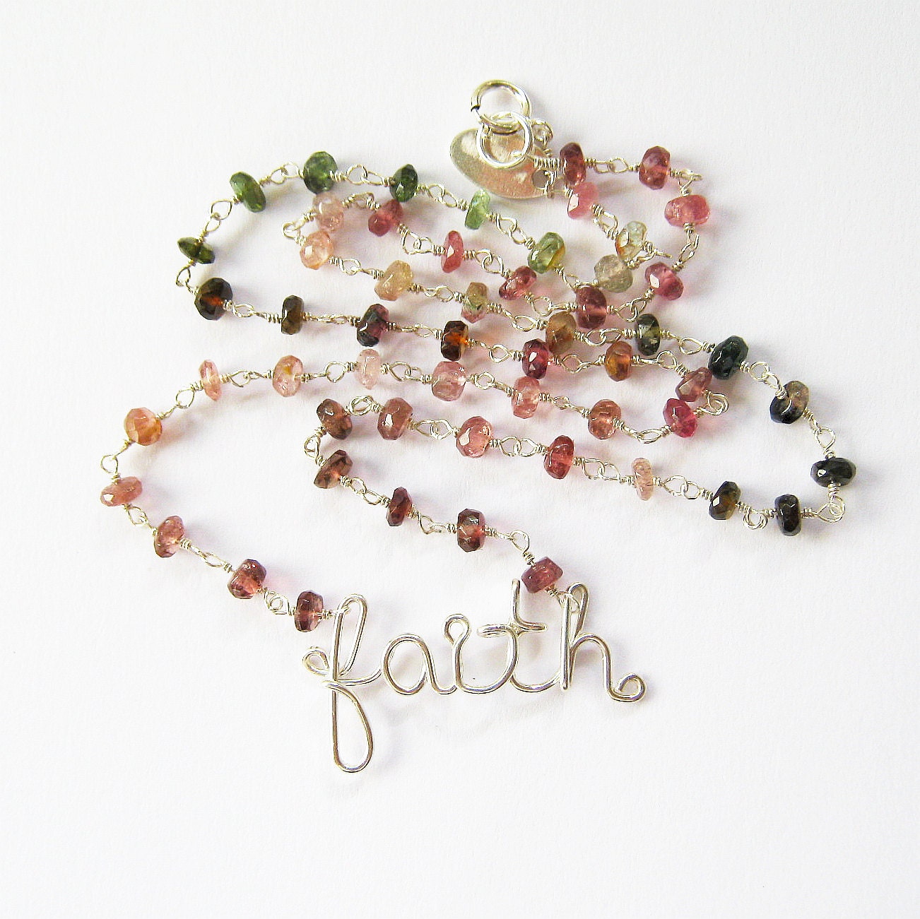 Faith Necklace with Watermelon Tourmaline. Sterling Silver