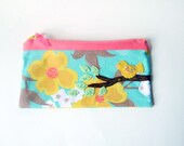 Zipper Pouch, Pencil Case, or Makeup Bag - Dogwood Bloom in Sunglow Teal with Handmade Felt Bird Embellishment