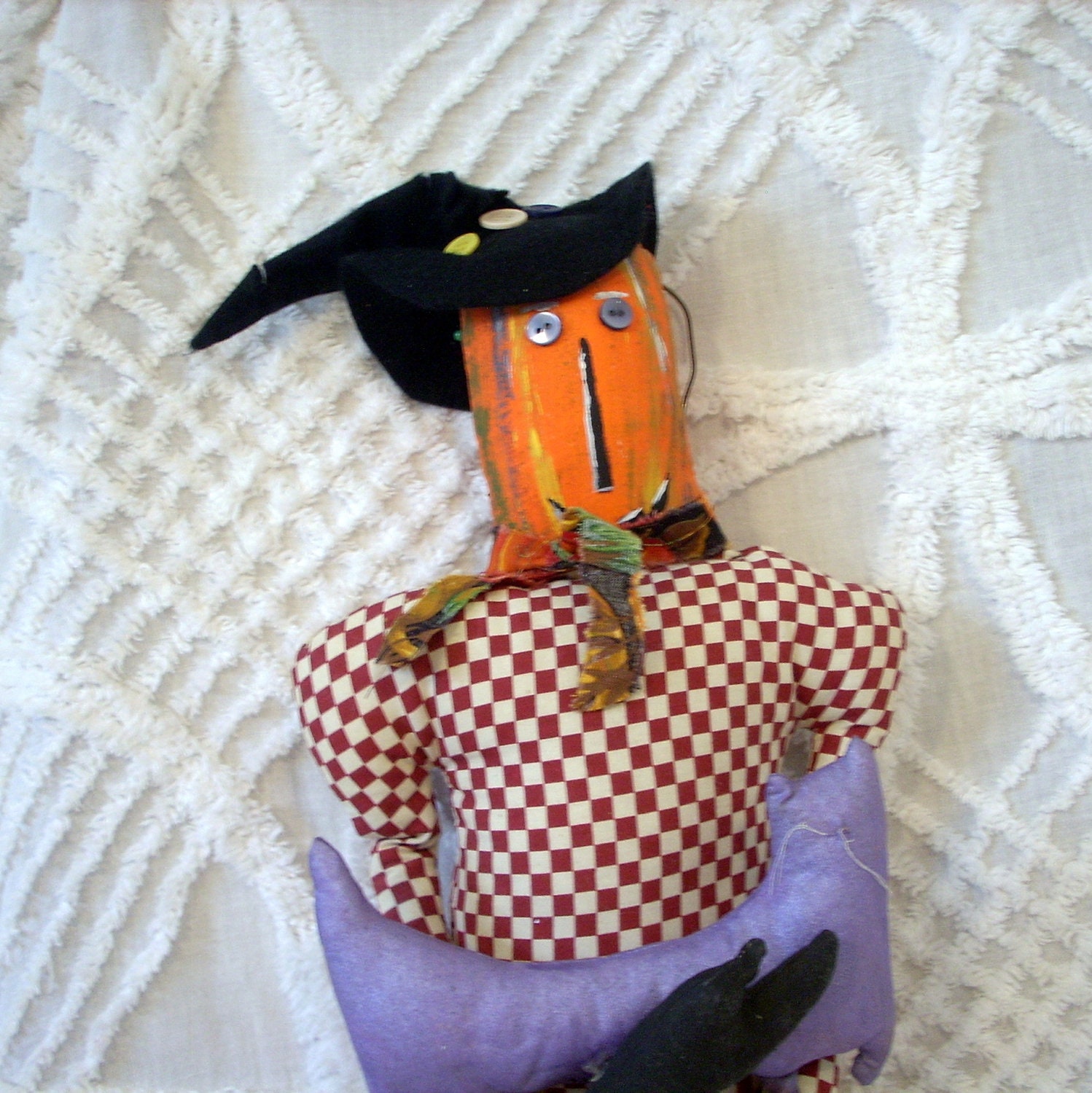 Folk Art Pumpkin Guy Handmade Doll  Halloween Decoration Handcrafted Doll OOAK Centerpiece Harvest Gourd Jack o Lantern Checkered Orange
