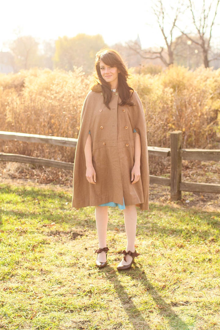 fur trimmed cape coat . mod brown wool cloak .small.medium.large
