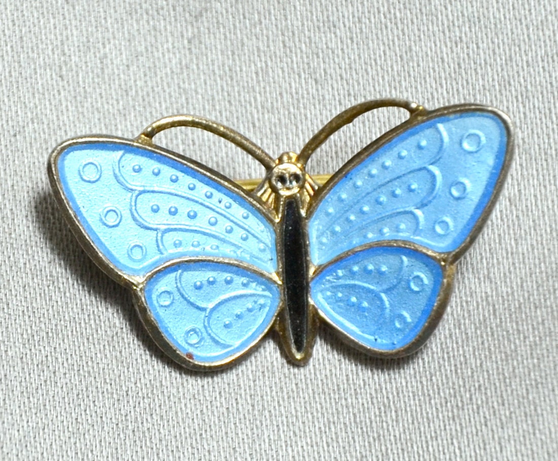 AKSEL HOLMSEN Modernist NORWAY Sterling Enamel Butterfly Pin - Vermeil - Baby Blue
