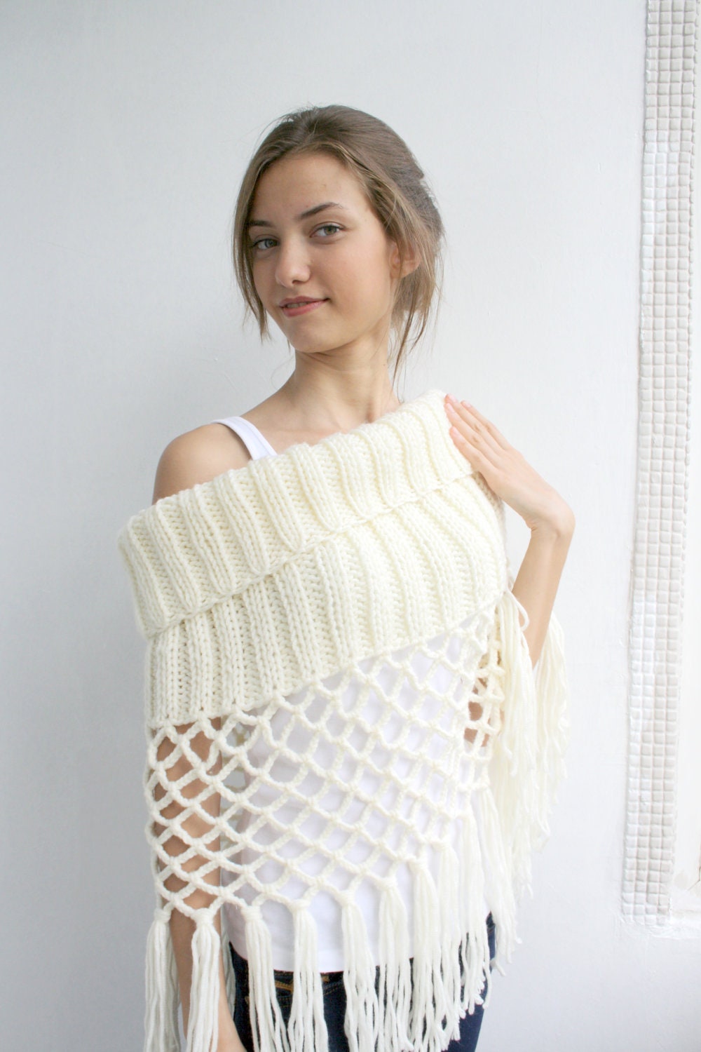 Free SHIPPING Ivory Knit Poncho Capelet Valentines Day Gift under75