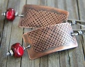 Red Copper Rectangle Earrings Sterling Silver Glass Etched Mixed Metal Artisan