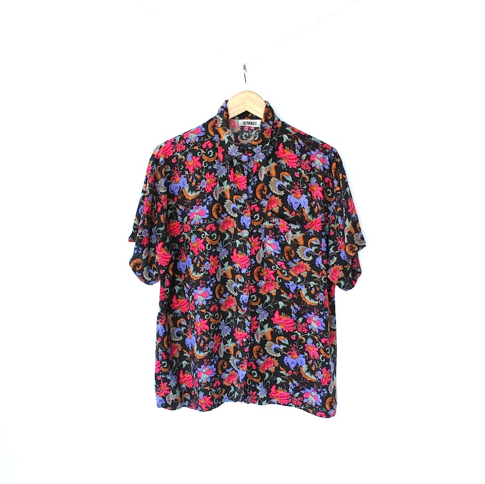 SALE Vintage 80s Bright Black Floral Unisex Blouse // Oversized Paisley Button Up