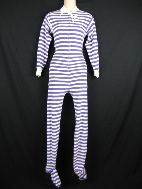 1970's terry drop seat pajamas. purple and white by cricketcapers