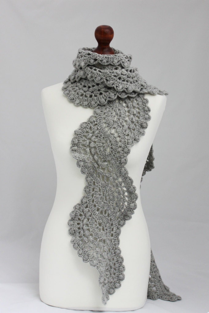 Crocheted long lace scarf color light grey