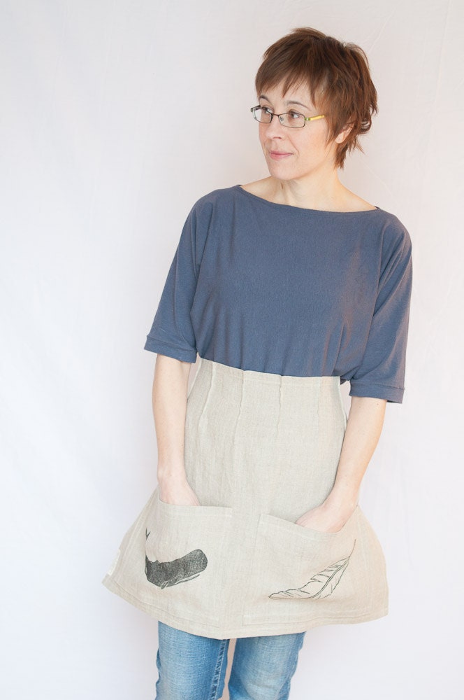 linen pintuck half apron block printed whale and feather  (toast with graphite ink) Second