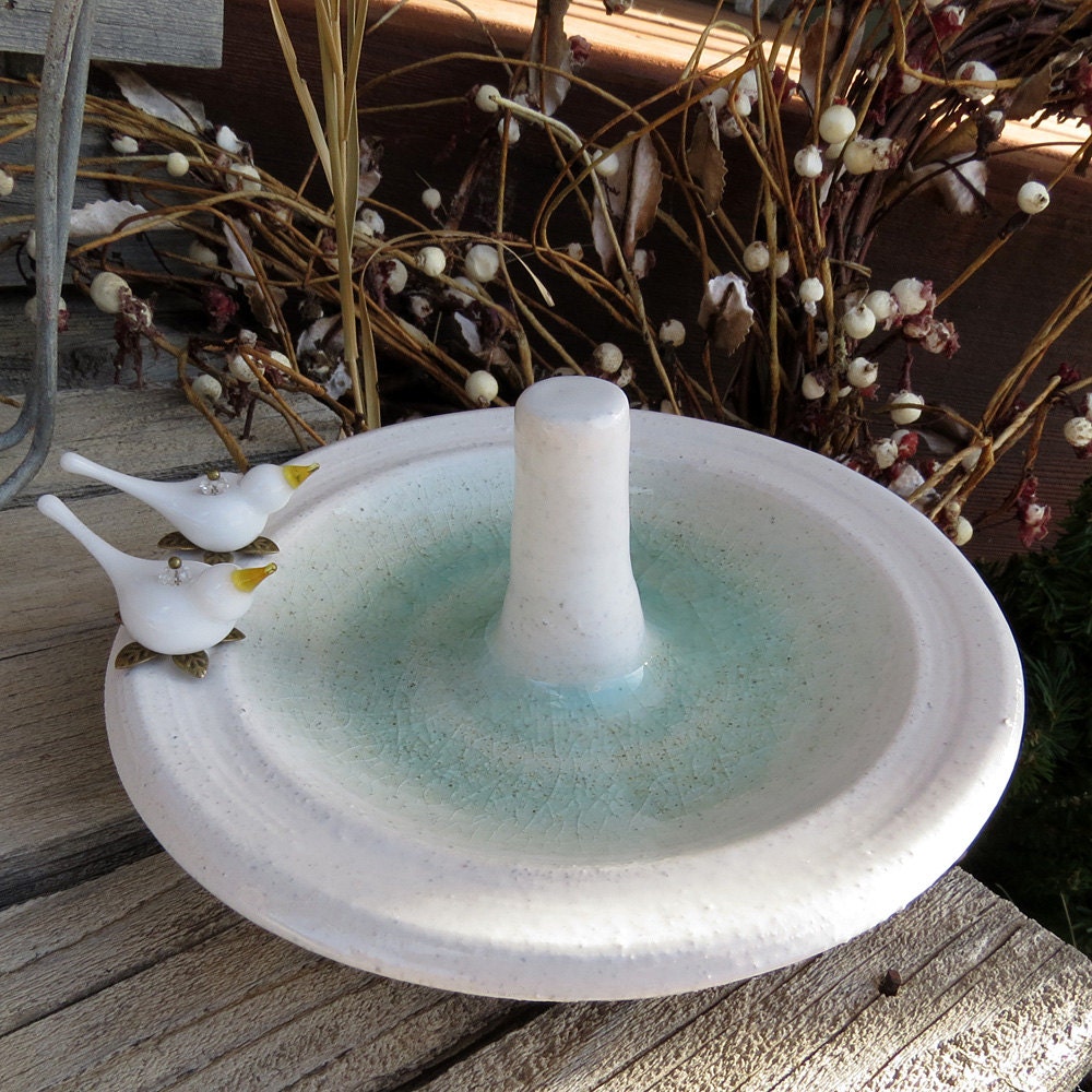 Dove birds ring stand, pottery wedding ring dish, white ceramic tiny bird bath ring holder