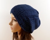 Slouchy Hat Men's Women's Knitted Slouchy Beanie Hat Navy Blue