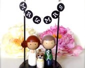 Kokeshi WEDDING CAKE TOPPER  with Pet Mr and Mrs Bunting Banner Stand Wooden Wedding Cake Toppers Peg Doll Cake Topper
