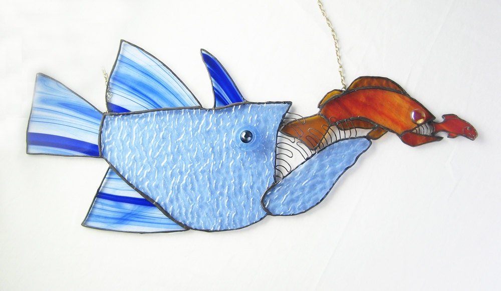 Fish eating Fish eating Fish Stained Glass Suncatcher