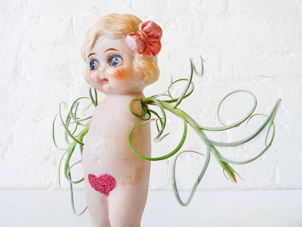 Little Miss Val Fly Girl w Pink Glitter Bush w Air Plant Wings Garden - Vintage Bisque Art Doll