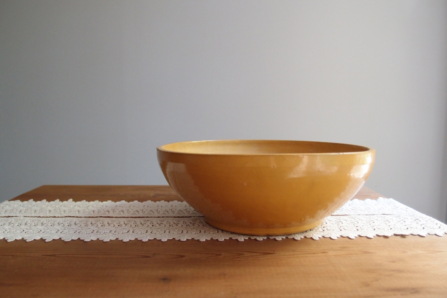 large antique yellow glazed Ironware Bowl ...rustic worn patina