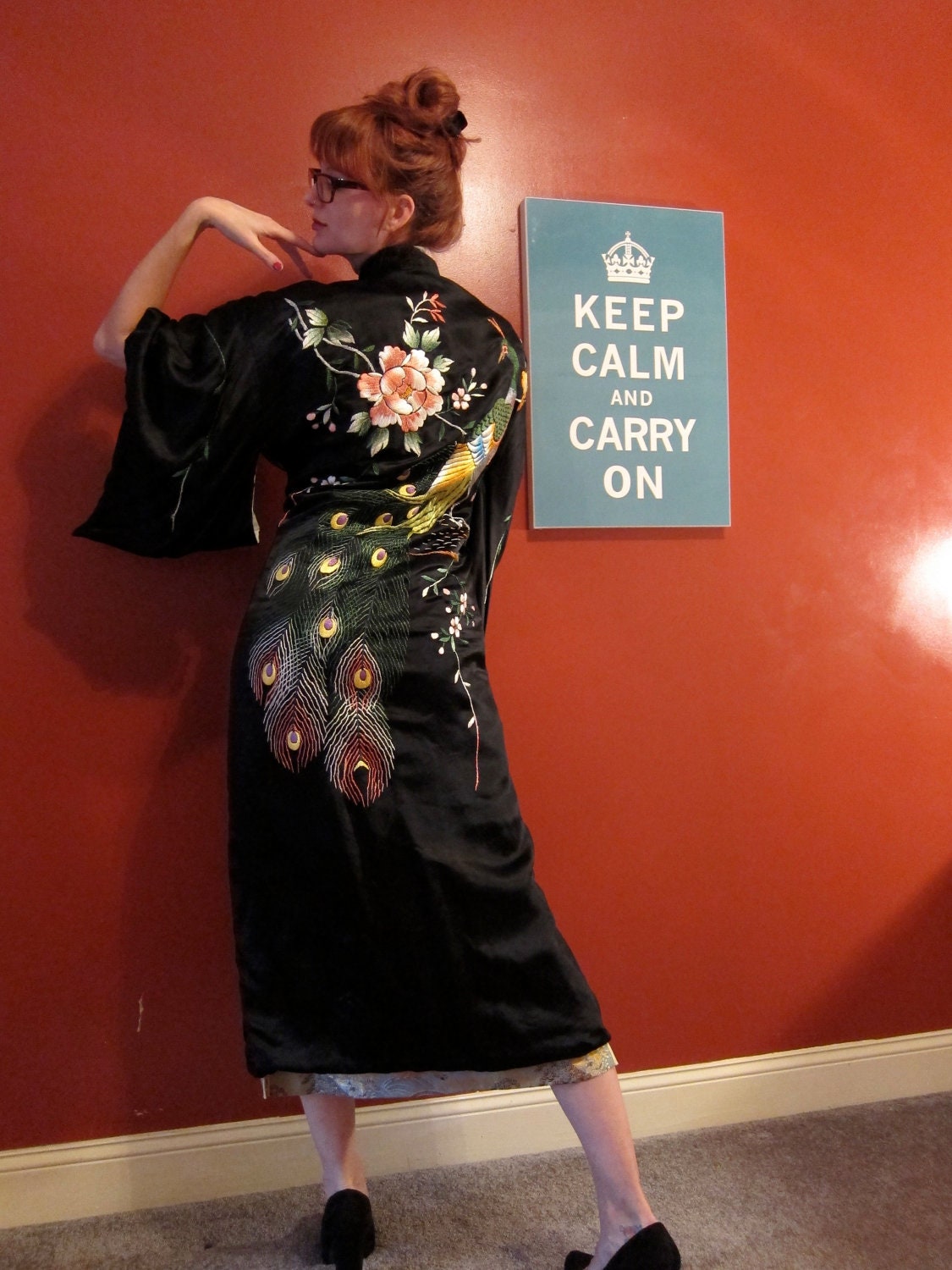 Kimono PEACOCK hand embroidered black silk