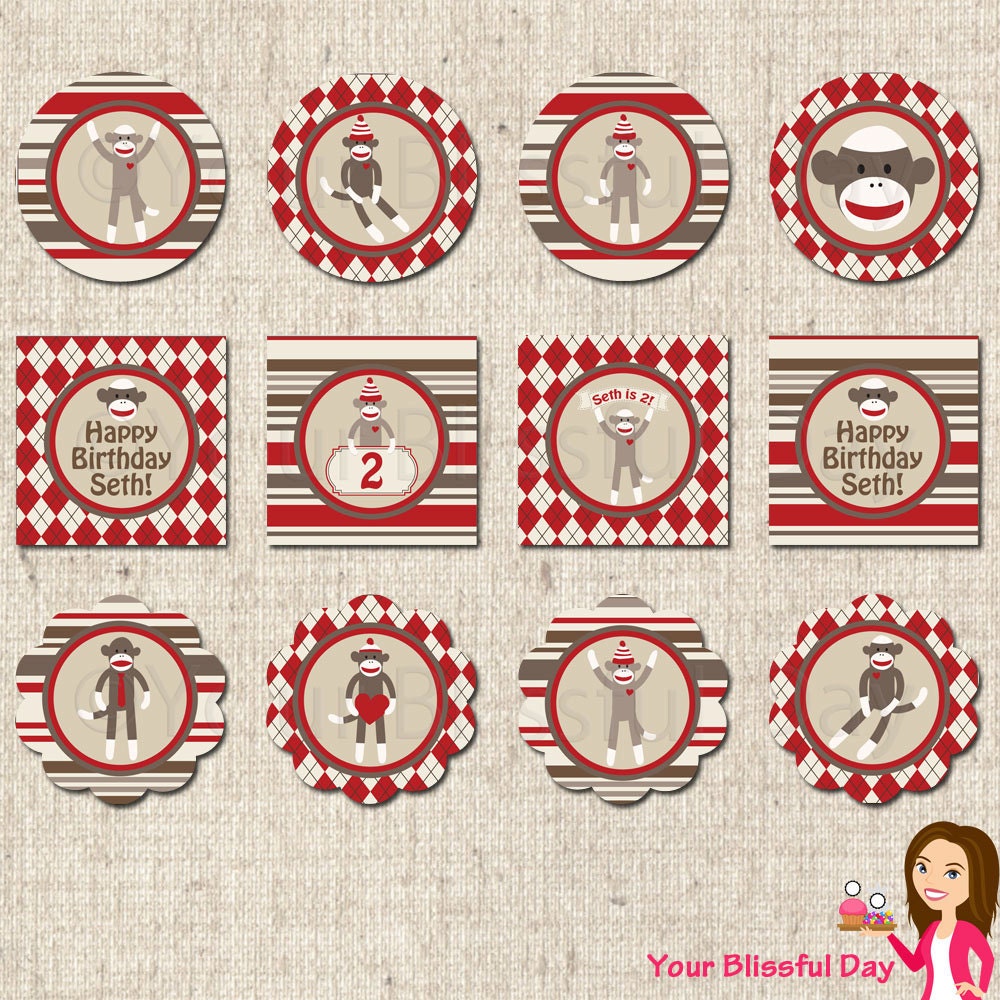 PRINTABLE Sock Monkey Party Circles (Personalized) Il_570xn