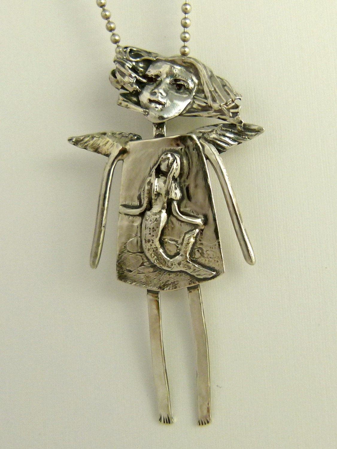 Angel Marlow Believes In Mermaids - Up Cycled Sterling, Sterling Silverware, and PMC - Art Jewelry Pendant - 1201