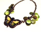 Rustic Butterfly Necklace - Avocado Green, Antiqued Copper, Jonquil and Black Accents, Gift for Gardener, Gift for Butterfly Lover