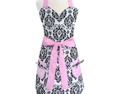 Retro Apron - Cute Black and White Damask Apron with Pink Ties - Full Hostess Reversible Apron for women