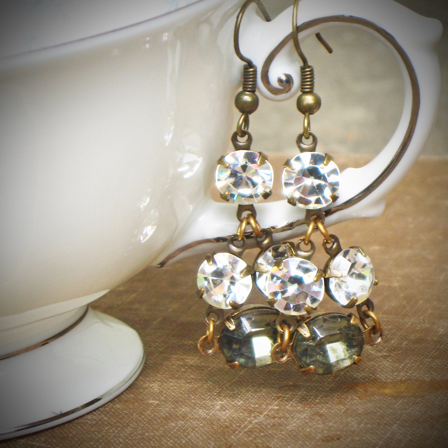 Rhinestone Earrings, Titanium, Smoke, Gray, Cluster, Hollywood